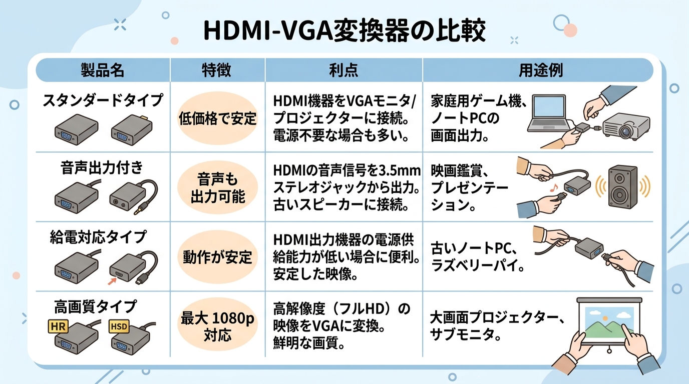 おすすめのHDMI-VGA変換器の比較表画像