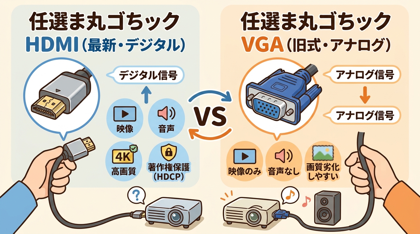 HDMI端子とVGA端子の違いを比較する画像
