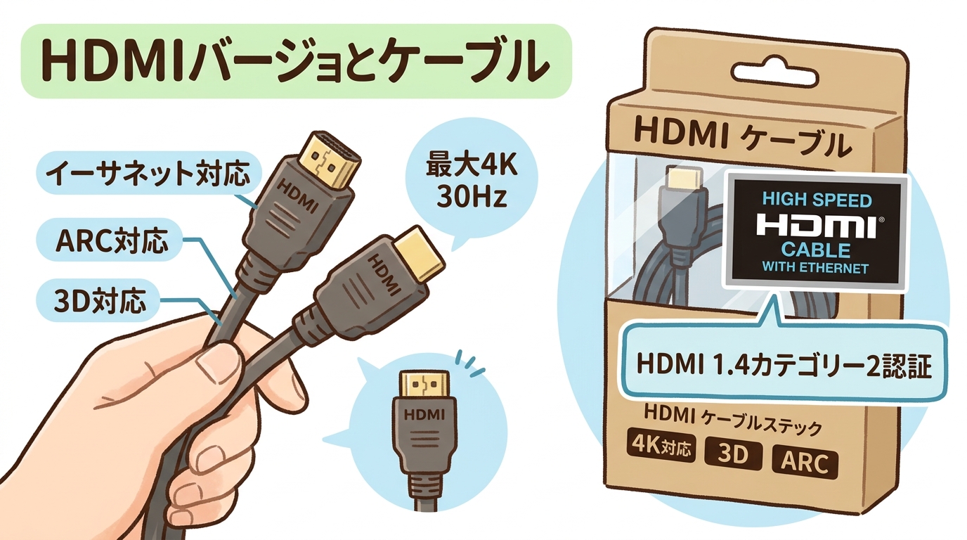 HDMIケーブルの端子やパッケージの認証マークの画像