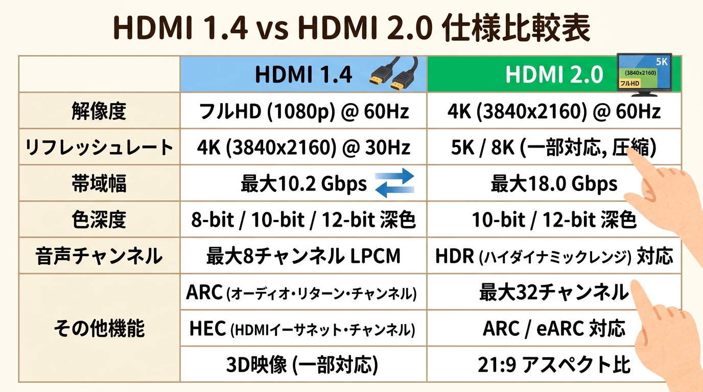 HDMI 1.4と2.0の仕様比較表の画像