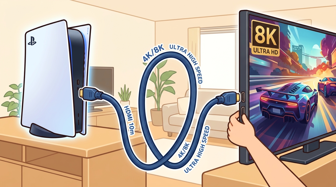 PS5と大型テレビをHDMIケーブルで繋いでいる画像