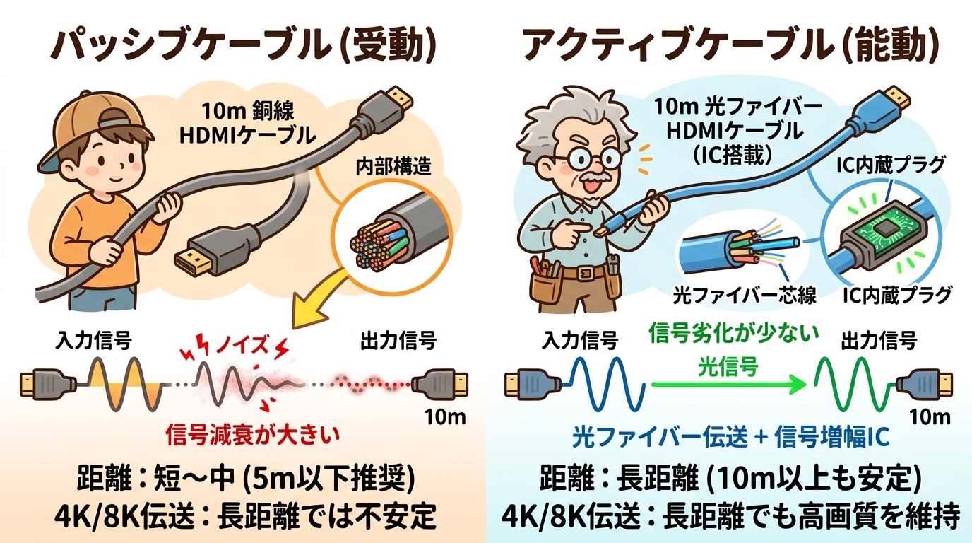 パッシブケーブルとアクティブケーブルの構造の違いを示す図解画像