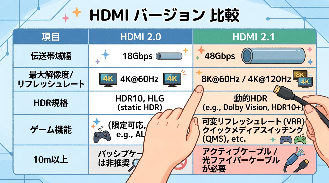 HDMI 2.0と2.1のスペック比較表の画像