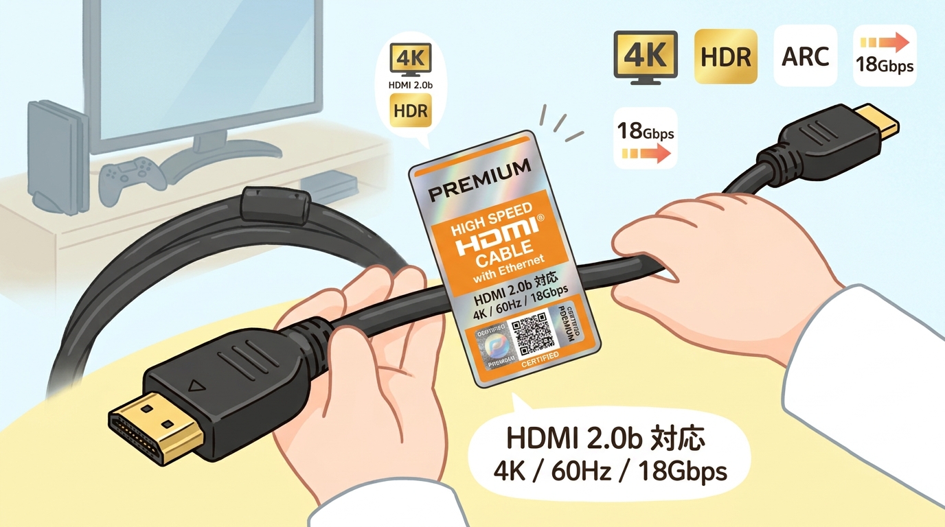 プレミアムハイスピードHDMIケーブルと認証ラベルの画像