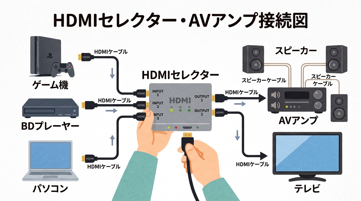 HDMIセレクターやAVアンプの接続図解画像