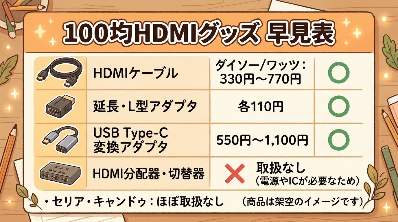100均（ダイソー・ワッツ）で買えるHDMIグッズの早見表イラスト