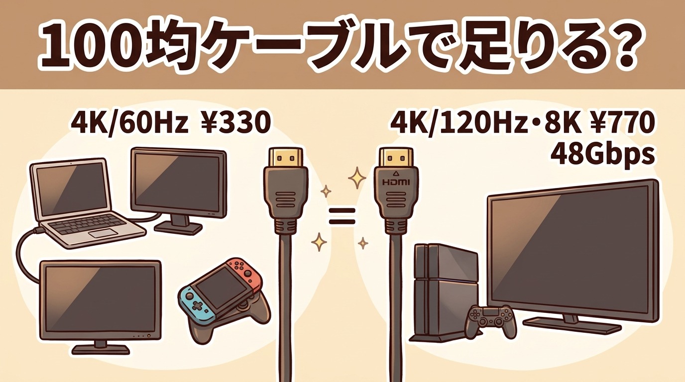 100均のHDMIケーブルで足りるかを示すイラスト（4K対応330円と8K対応770円の比較）