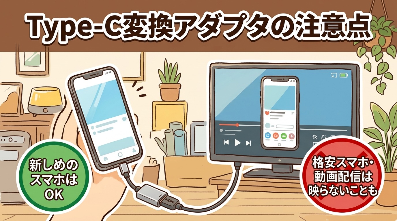 スマホをType-C HDMI変換アダプタでテレビにつなぐイラストと注意点