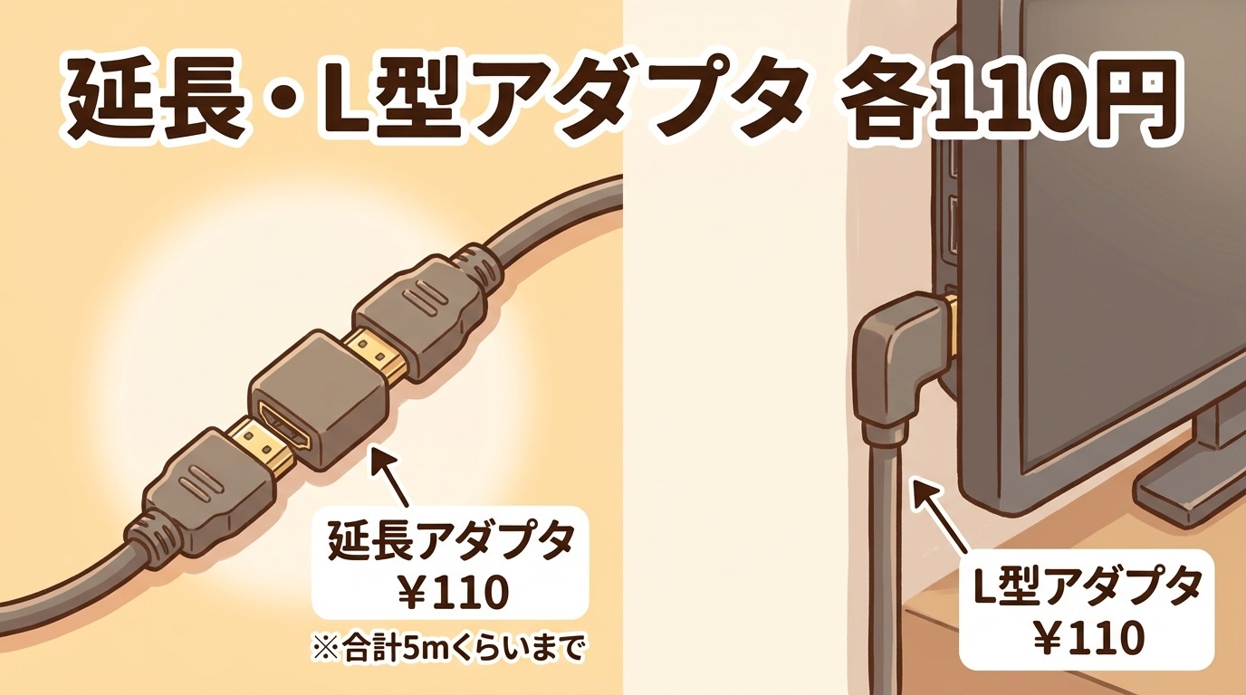 ダイソーのHDMI延長アダプタとL型アダプタ（各110円）のイラスト