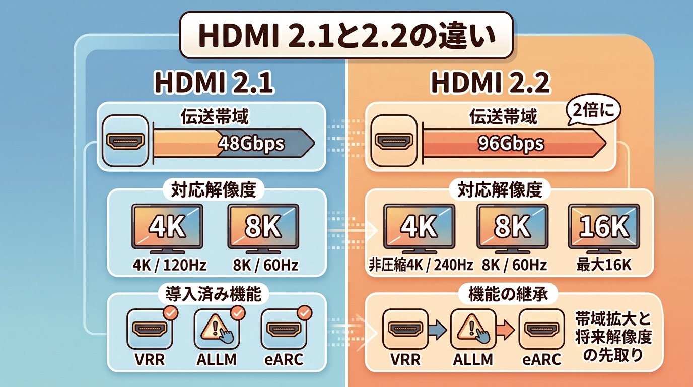 HDMI 2.1(48Gbps)とHDMI 2.2(96Gbps)の帯域と対応解像度・リフレッシュレートを並べて比較した図。2.2は帯域が2倍で4K/240Hzや16Kに対応することを示す