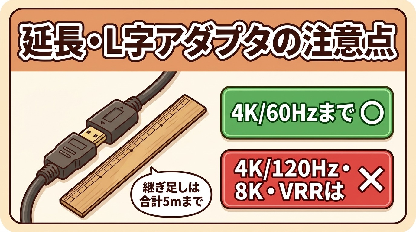 HDMI延長アダプタでケーブルをつなぐときの注意点（合計5m目安・4K120Hzは非対応）を示すイラスト