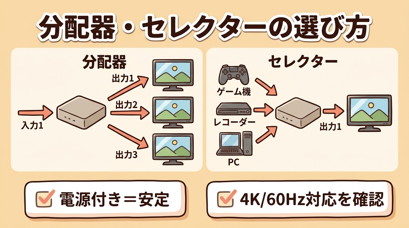 HDMI分配器・セレクターの選び方(電源付き/電源不要・解像度・出力数)を整理したイラスト