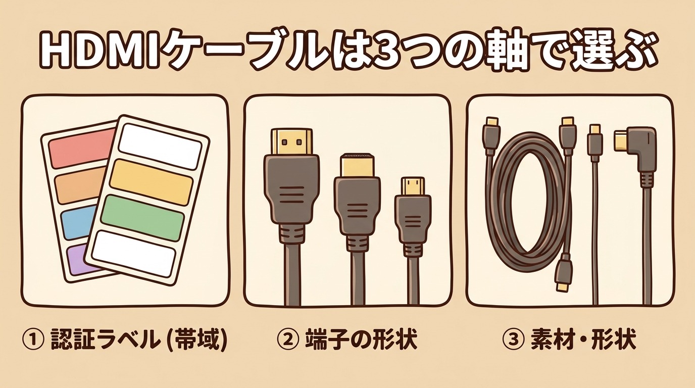 HDMIケーブルを選ぶ3つの軸（認証ラベル・端子形状・素材形状）を整理したイラスト