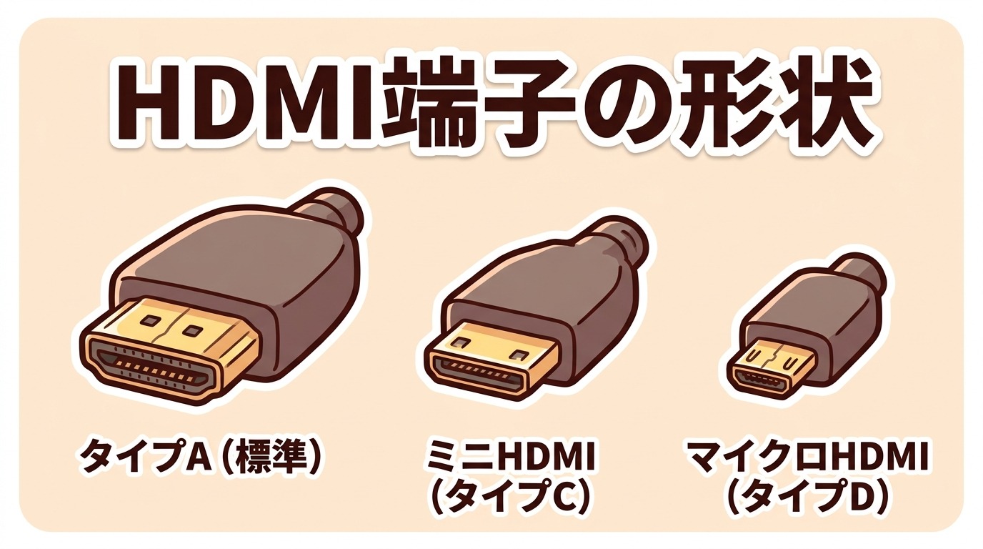 HDMI端子の形状（タイプA・ミニHDMI・マイクロHDMI）の大きさ比較イラスト