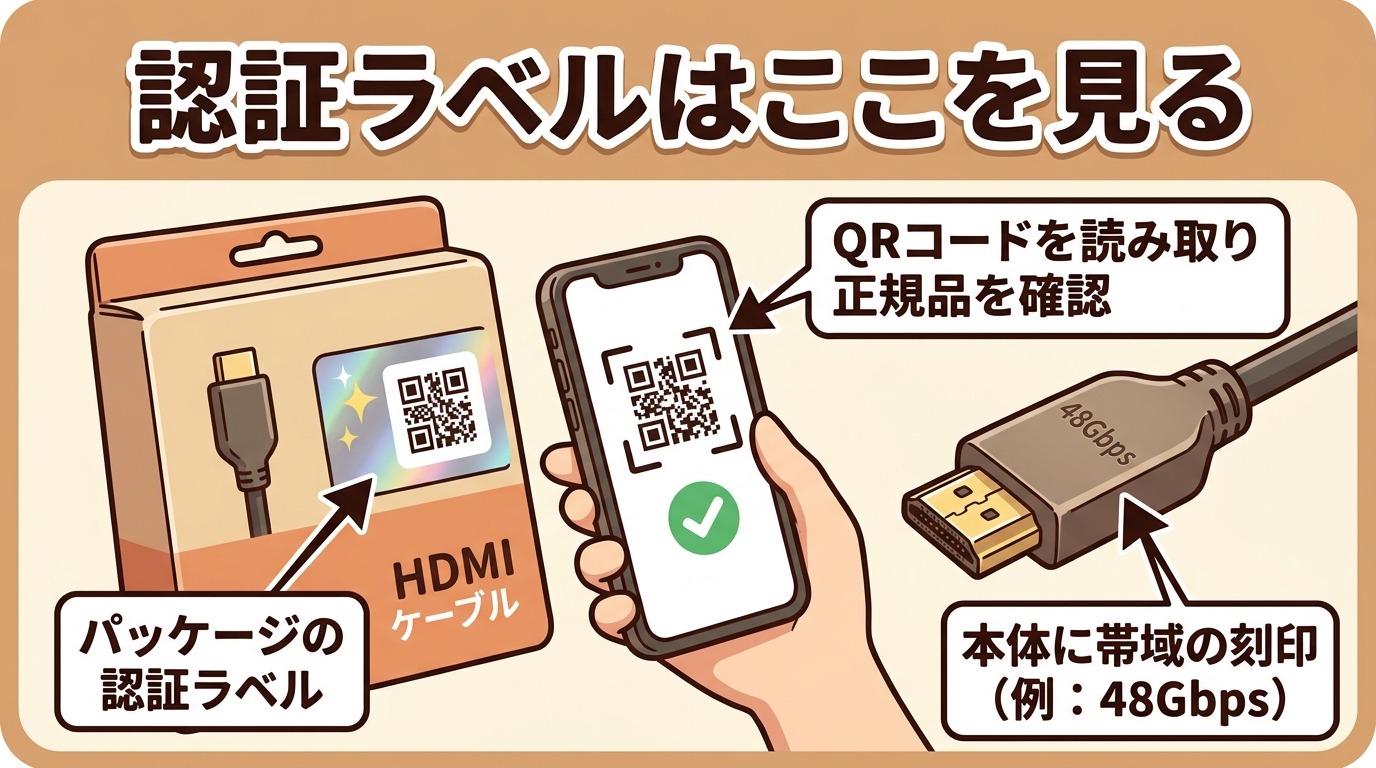 HDMIケーブルのパッケージにある認証ラベルとQRコードの位置を示すイラスト