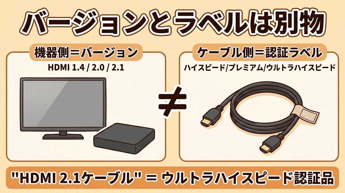 機器側のHDMIバージョンとケーブル側の認証ラベルは別物であることを示すイラスト