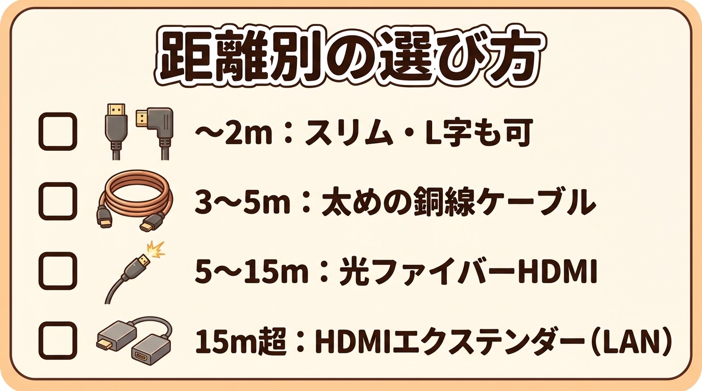 距離別（〜2m・3〜5m・5〜15m・15m超）のHDMIケーブルの選び方早見イラスト