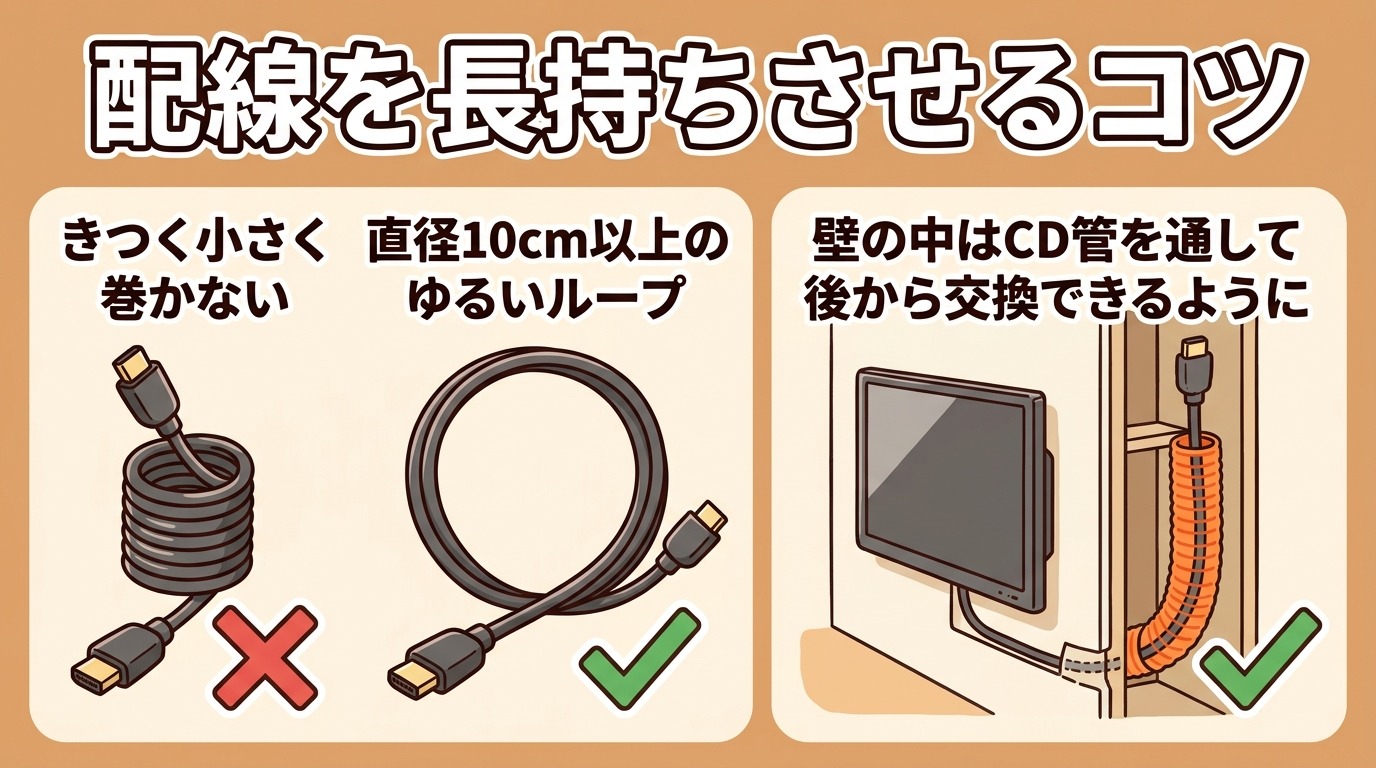 HDMIケーブルの余りをきつく巻かない・壁内配線はCD管を使うなどの注意点イラスト