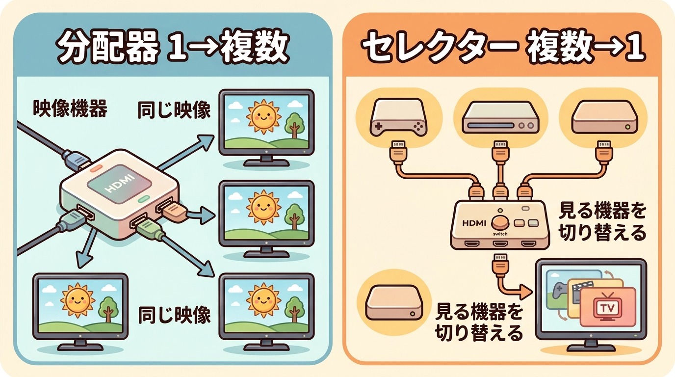 HDMI分配器(1入力→複数出力)とセレクター(複数入力→1出力)の仕組みの違いを示す図解