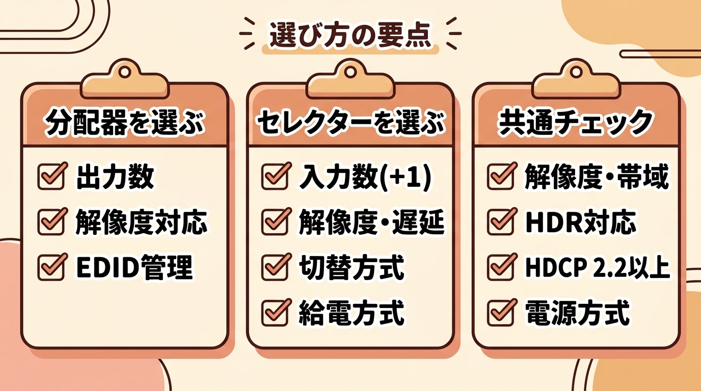 分配器・セレクター・端子増設の選び方の要点を整理したイラスト