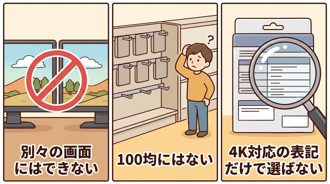 分配器では拡張表示できない・100均には売っていない等のよくある誤解を示すイラスト