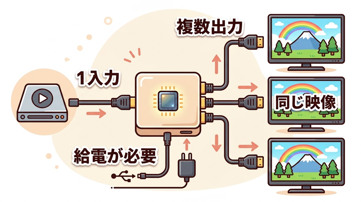 HDMI分配器が1つの入力を複数の出力に複製する仕組みのイラスト