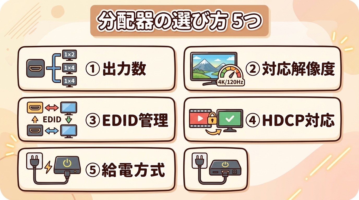 HDMI分配器の選び方5項目(出力数・解像度・EDID・HDCP・給電)を整理したイラスト