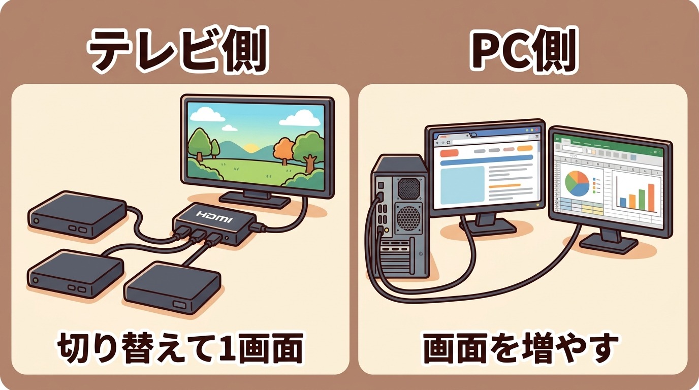 テレビ側とPC側でHDMI端子が足りない場合の解決策を整理した図解