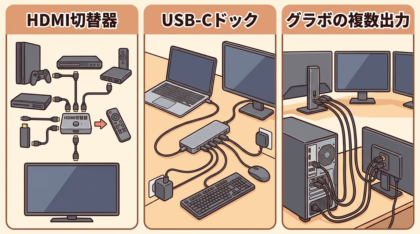 HDMI切替器・USB-Cドック・グラボ増設それぞれの接続イメージ
