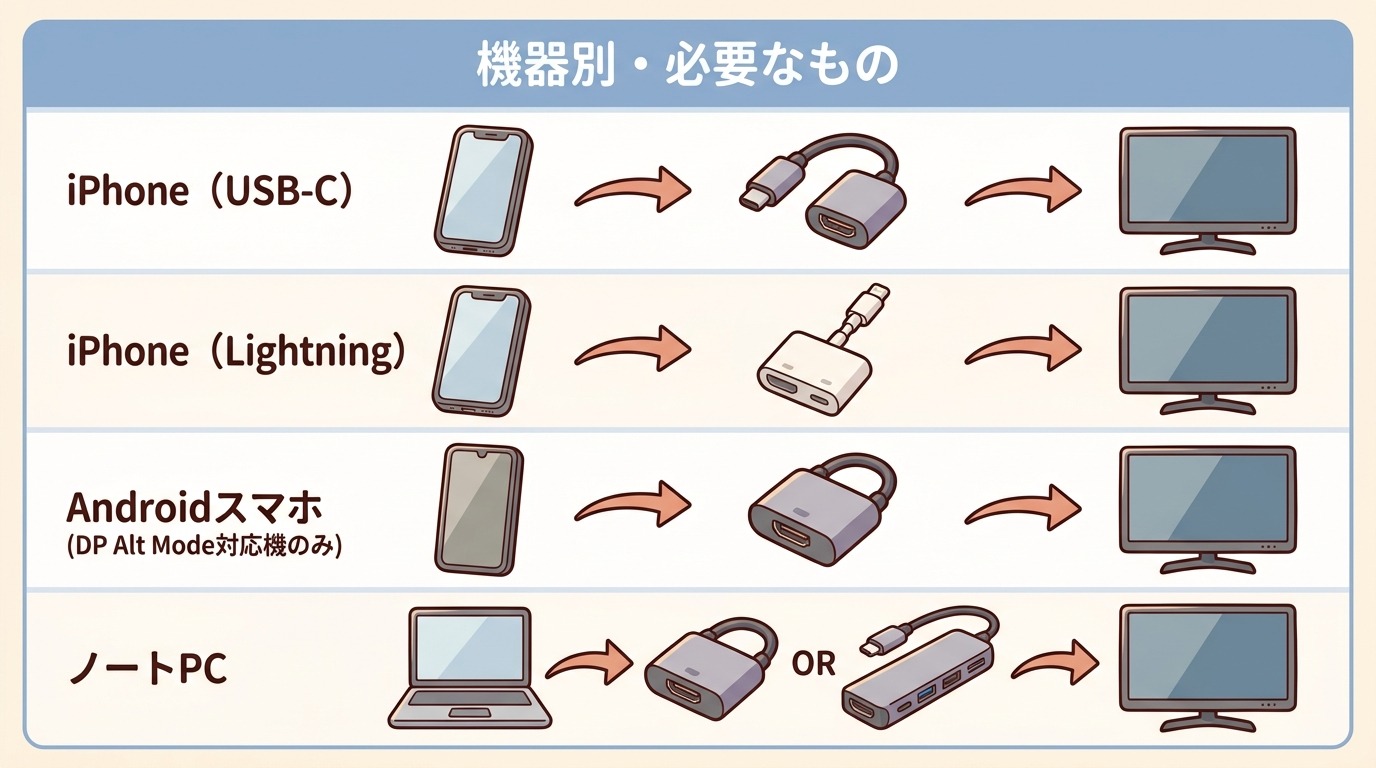機器別にType-CからHDMIへ変換するために必要なものを整理した早見表の図解