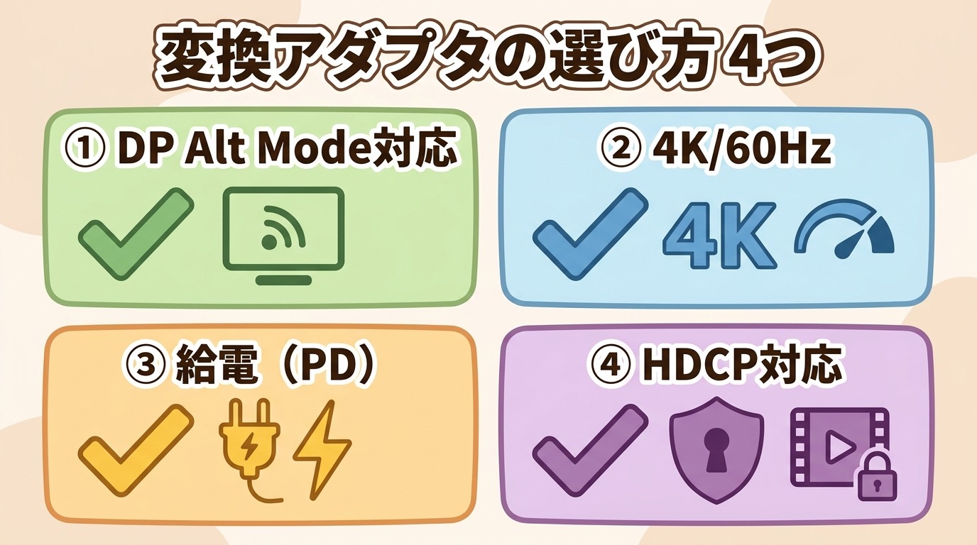 Type-C HDMI変換アダプタの選び方4項目（DP Alt Mode・解像度・給電・HDCP）を整理したイラスト