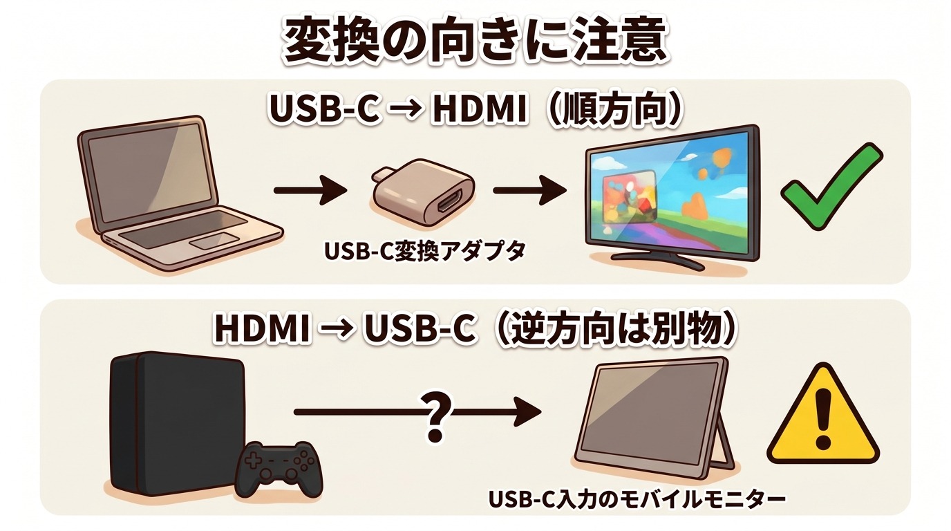 USB-CからHDMIへの変換と、HDMIからUSB-Cへの逆方向変換の違いを示す図解