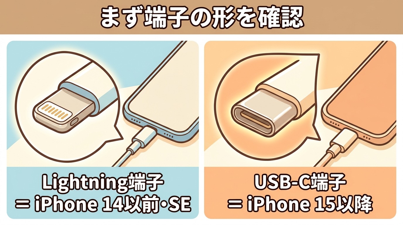 iPhoneのLightning端子とUSB-C端子の見分け方・対応機種の違いを示す図解