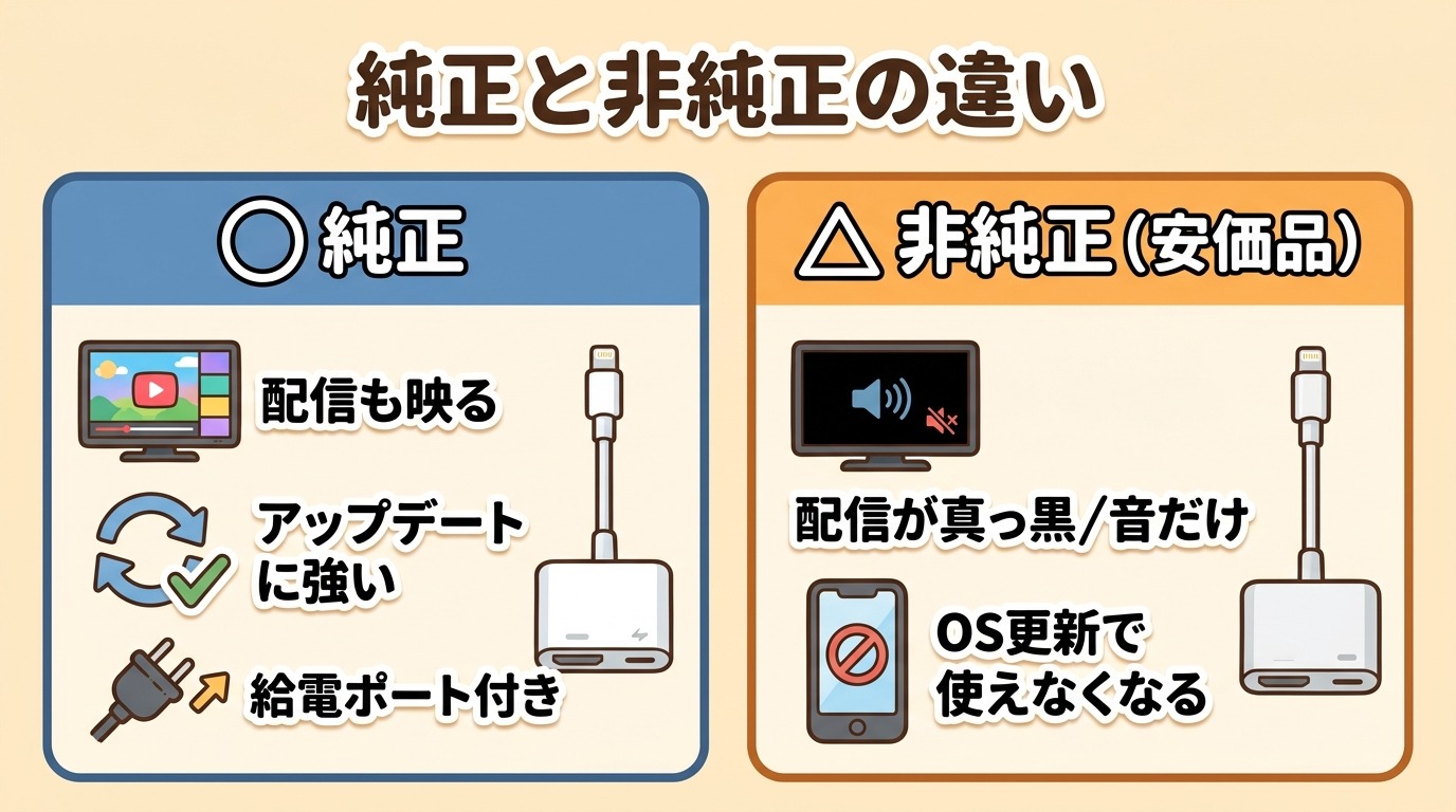 Lightning-HDMI変換アダプタの純正と非純正の違い・トラブル例を整理したイラスト