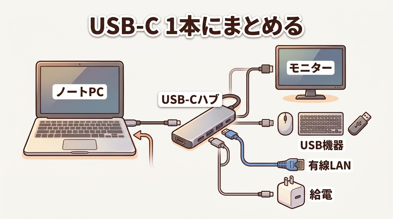 USB-CハブでHDMI出力・給電・USB機器を1本のケーブルに集約する仕組みの図解