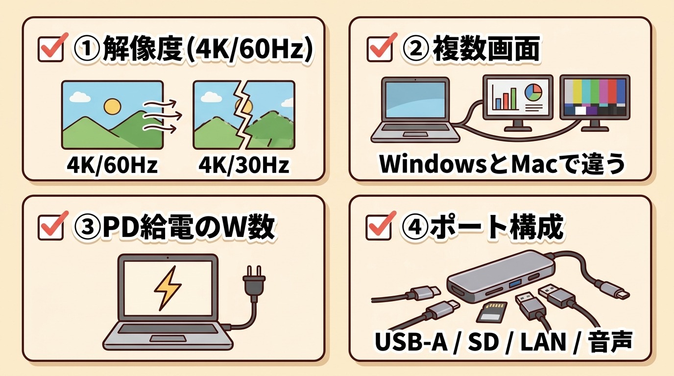 HDMI付きUSB-Cハブの選び方（解像度・複数画面・PD給電・ポート構成）を整理したイラスト