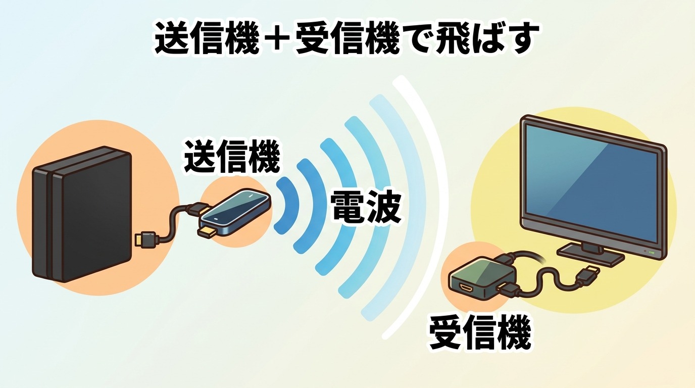 ワイヤレスHDMIの送信機と受信機で映像を電波で飛ばす仕組みの図解