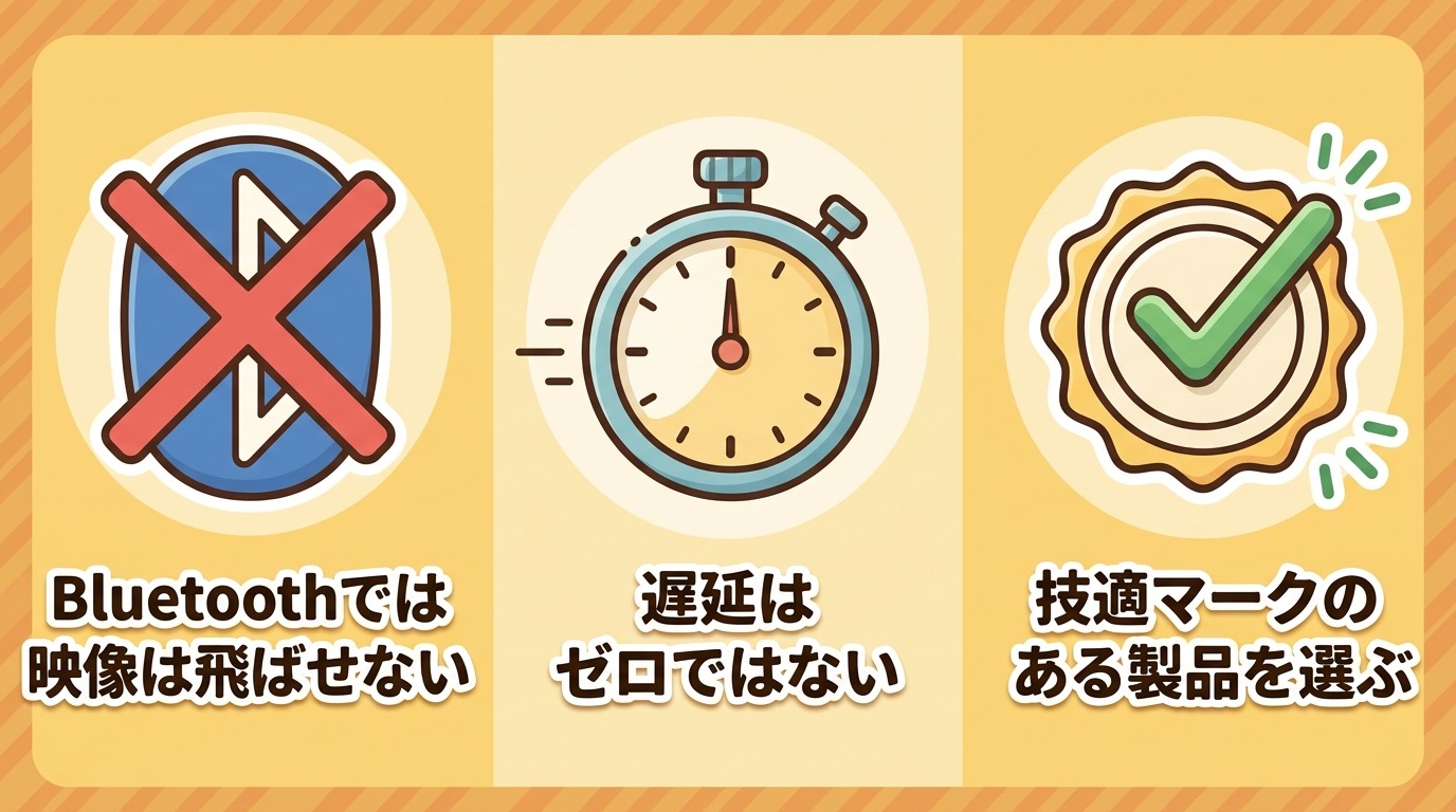 ワイヤレスHDMIのよくある誤解（Bluetooth不可・遅延ゼロではない・技適マーク）を示すイラスト