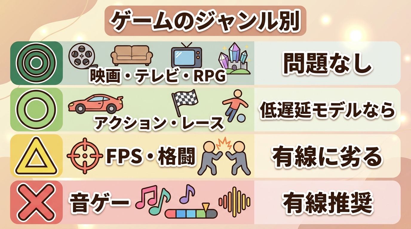 ワイヤレスHDMIがゲームのジャンル別に実用になるかを整理した図