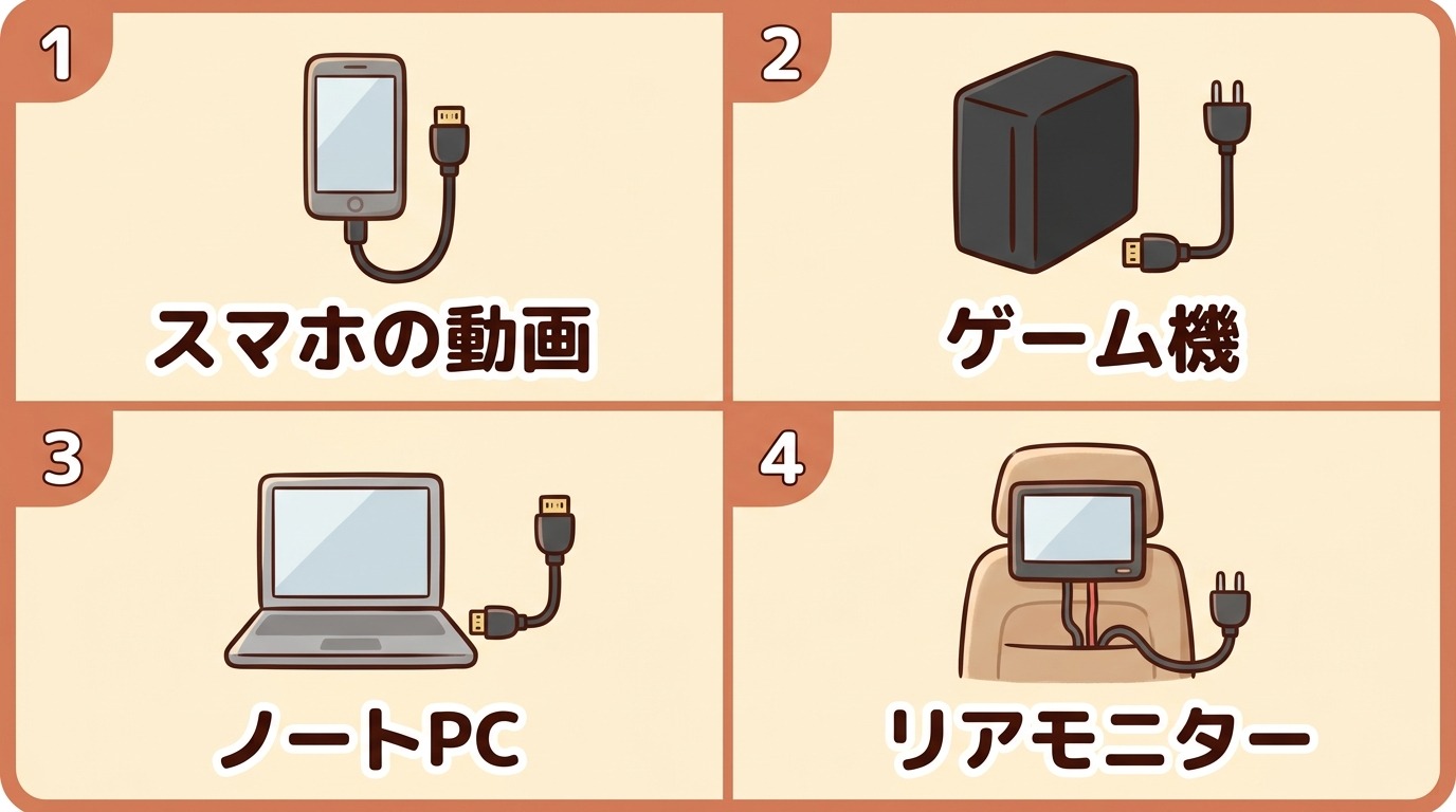 車でHDMIを使ってできること（スマホ動画・ゲーム機・PC・リアモニター）とそれぞれに必要なものの早見表の図解