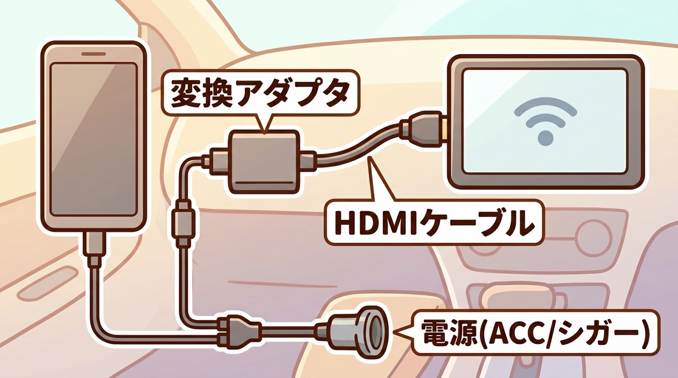 車でHDMI機器をつなぐ全体像（機器→変換アダプタ→HDMIケーブル→カーナビ、電源はACC）のイラスト