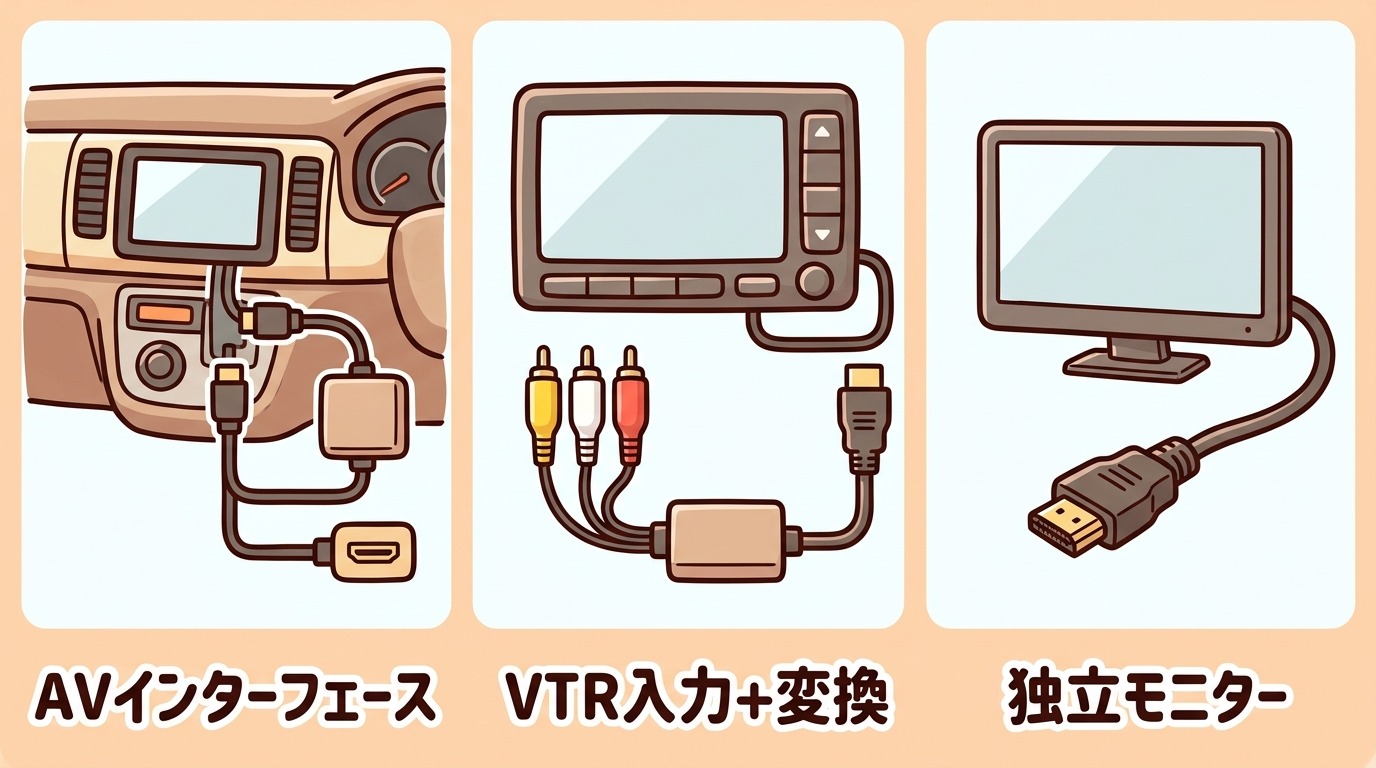 HDMI入力のないカーナビに外部入力を増設する3つの方法（AVインターフェース・VTR入力・独立モニター）を比較したイラスト