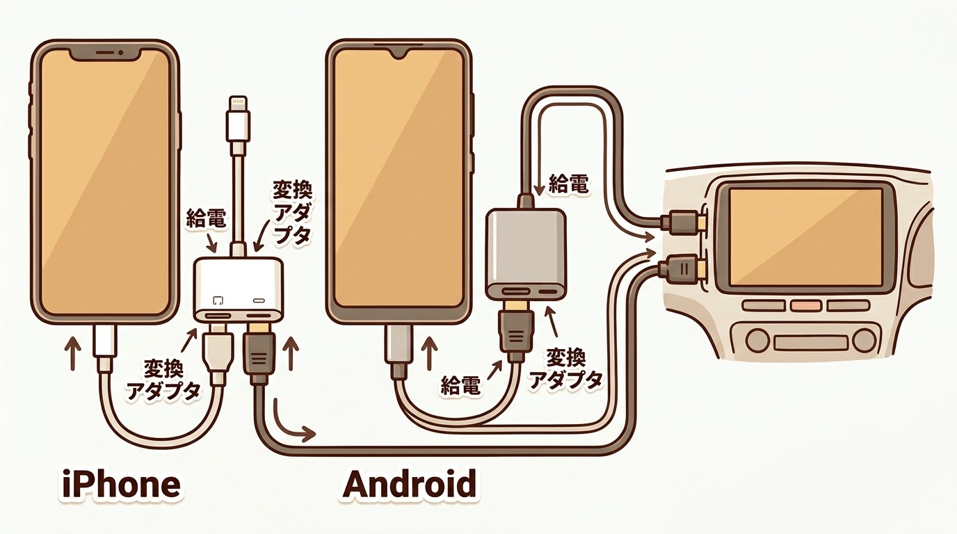 iPhoneとAndroidを車のカーナビにHDMI接続するのに必要なもの（変換アダプタ・HDMIケーブル・給電）を示す図解