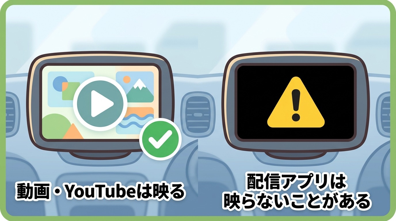 車のHDMIでYouTubeは映るがNetflixなど配信アプリはHDCPで映らないことを示すイラスト