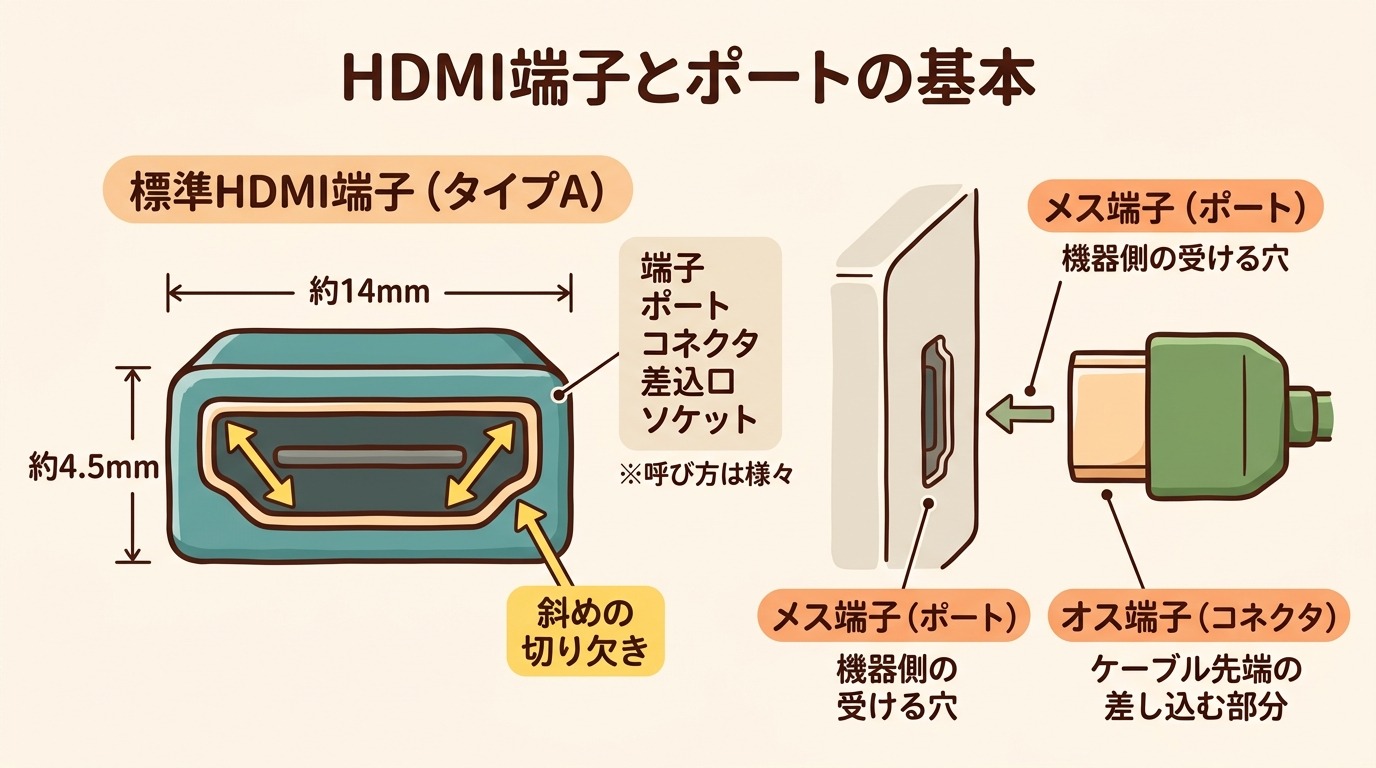 HDMI標準端子の形状（横幅約14mmの平たい台形）と各部の名称、機器側のメス端子とケーブル側のオス端子の違いを示す図解