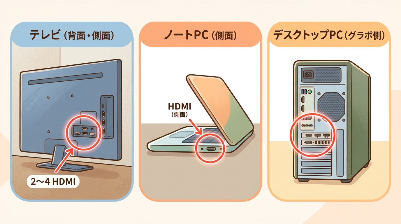 テレビの背面と側面、ノートパソコンの側面、デスクトップPCのグラフィックボード部分にあるHDMI端子の位置を示すイラスト