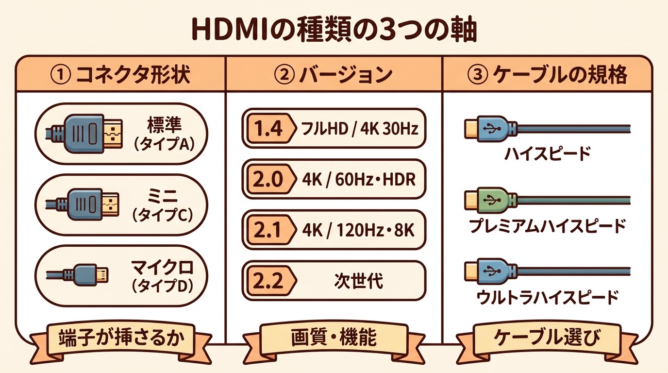 HDMIの種類を「コネクタ形状」「バージョン」「ケーブル規格」の3つの軸に分けて整理した図解