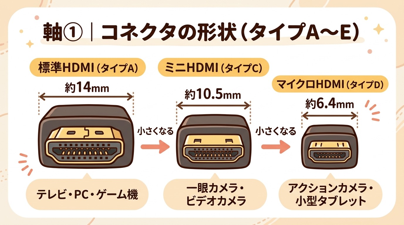 標準HDMI（タイプA）、ミニHDMI（タイプC）、マイクロHDMI（タイプD）の端子サイズを並べて比較したイラスト