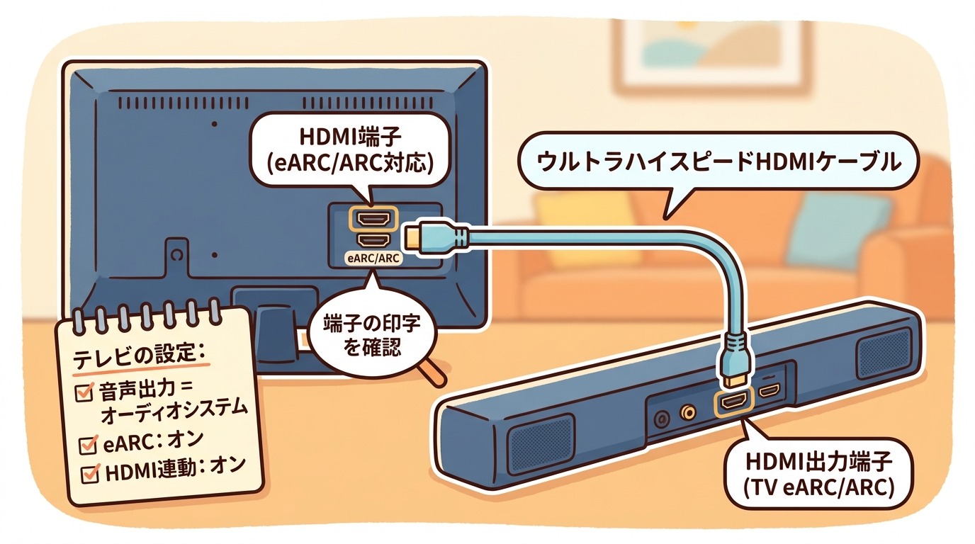 テレビとサウンドバーの背面で「eARC/ARC」と印字されたHDMI端子どうしをウルトラハイスピードHDMIケーブルでつなぐ接続図