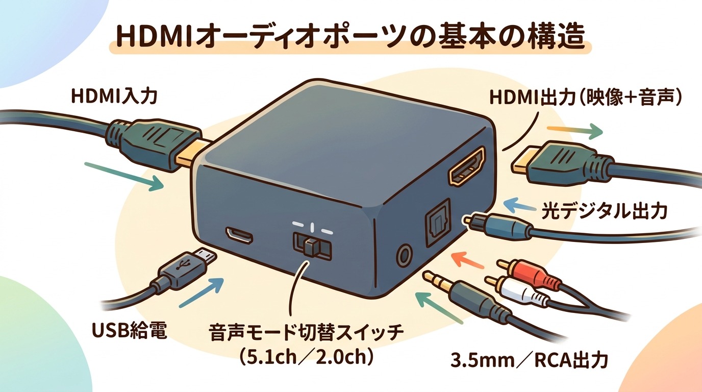 HDMI音声分離器の役割を示す図解：HDMI入力から映像＋音声をHDMIで出力しつつ、音声だけを光デジタルと3.5mm端子に取り出す